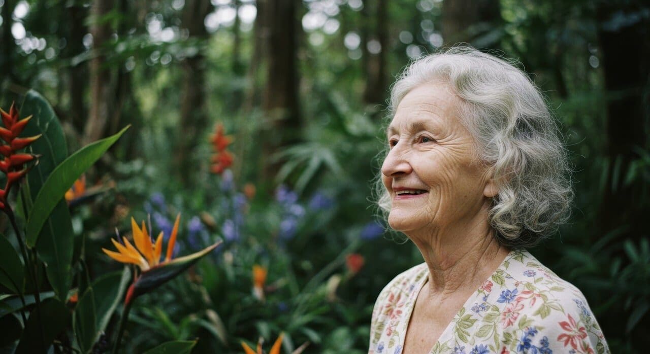 woman, forest, female, flower, senior, old, plumeria, burnout, jungle, therapy, mindfulness, natural, digital detox, serenity, recovery, care, nature, wellness, portrait, leaves, health, plant, tropical, calm, ai generated