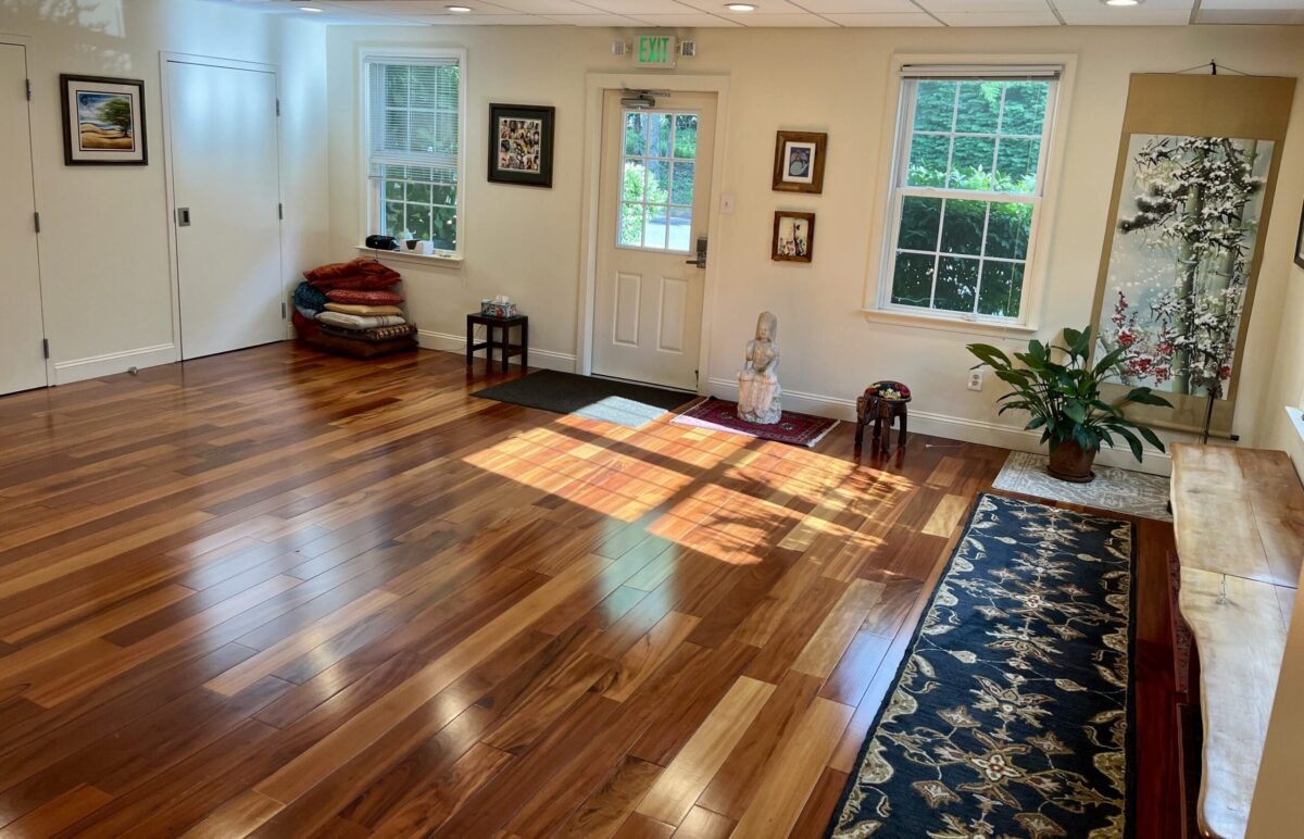 Bright, inviting room with wooden floors, white walls, large windows, and decor including cushions, art, and a plant.