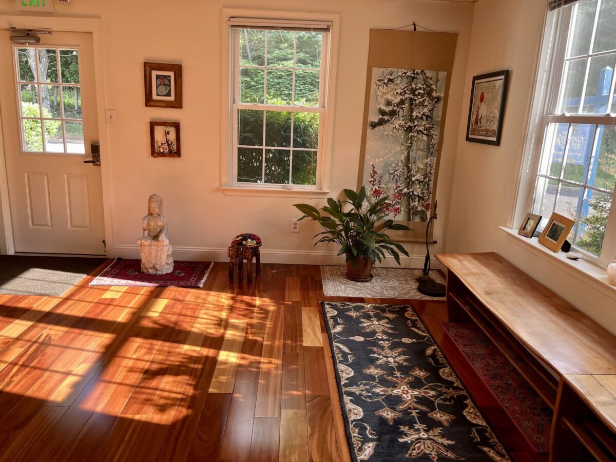 Sunlit entryway with wooden floor, window, plants, art, and a long patterned runner rug.