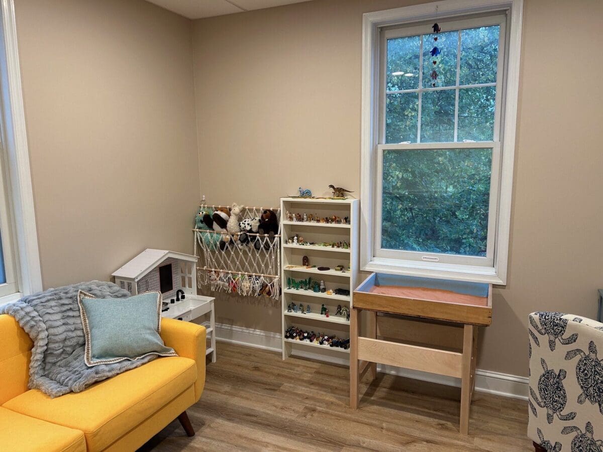 Child therapy room with window and shelving at the Schwenksville office.